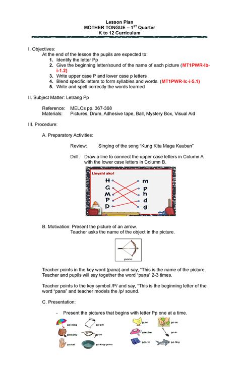 Q Lesson Plan In Mtb Letrang Pp Lesson Plan Mother Tongue St