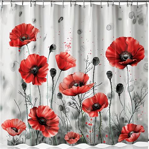 Red Poppy Flower Watercolor Shower Curtain Detailed Foliage Unique