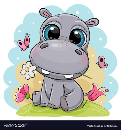 Hippo With Flowers On A Blue Background Royalty Free Vector