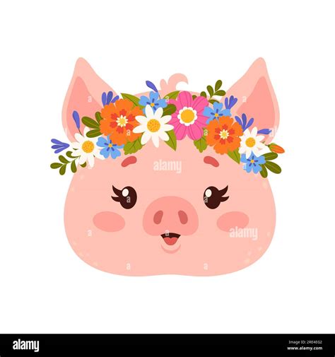 Cute Animal With Flower Crown Cartoon Face Of Funny Pig Character