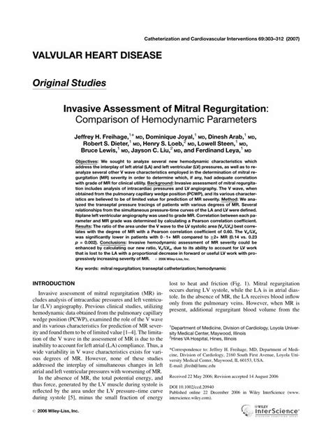 PDF Invasive Assessment Of Mitral Regurgitation Comparison Of