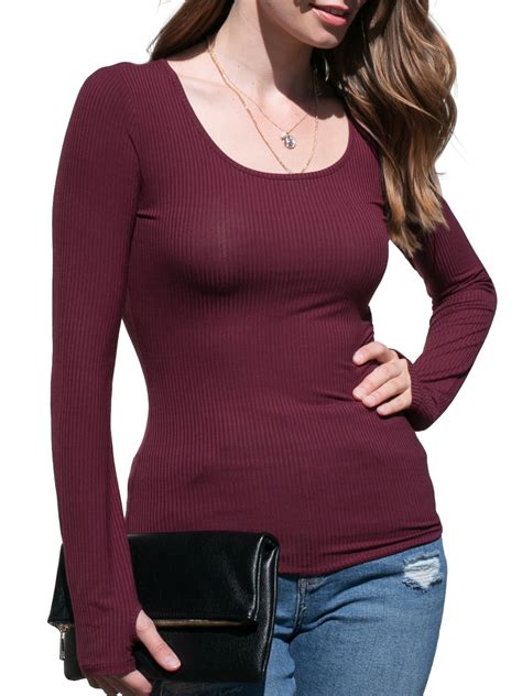 Doublju Women S Round Neck Long Sleeve Ribbed Top With Thumb Holes