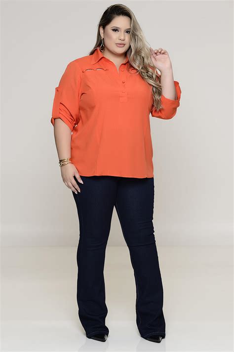 Camisa Plus Size Laranja Recortes Vk Moda Plus Size