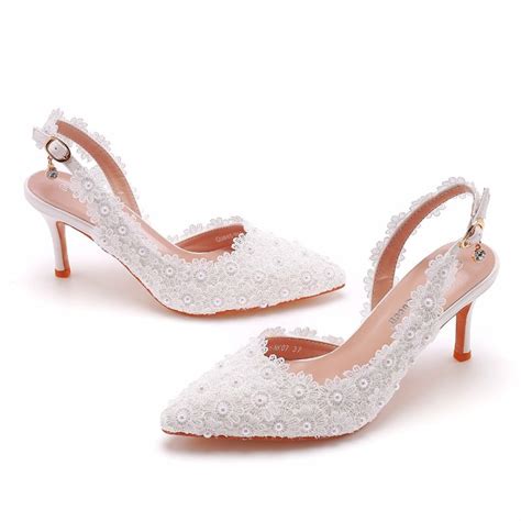 Chic Beautiful White Pearl Lace Flower Wedding Shoes 2022 7 Cm Stiletto Heels Pointed Toe