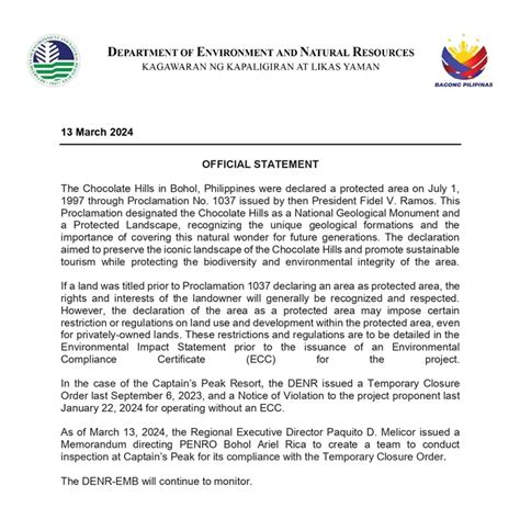 Denr Issues Official Statement On Captain S Peak Resort In Chocolate