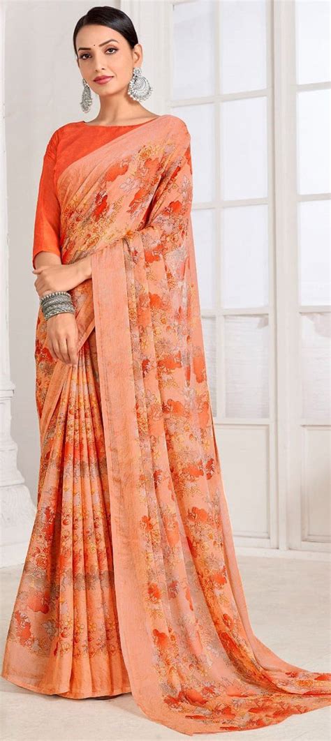 Casual Orange Color Chiffon Fabric Saree