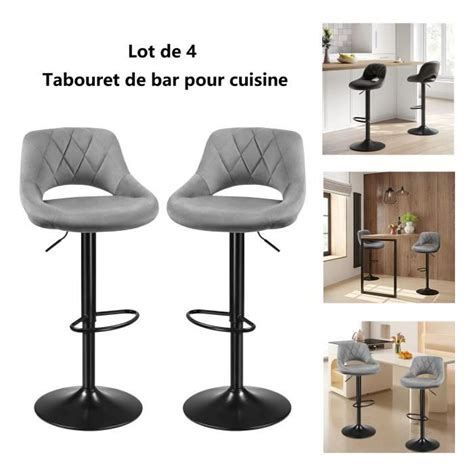 Willonin 4 x Tabouret de bar en velours et métal Dossier à sergé et