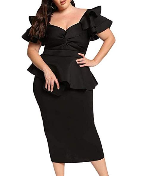 Lalagen Womens Plus Size Ruffle Sleeve Peplum Cocktail Party Pencil