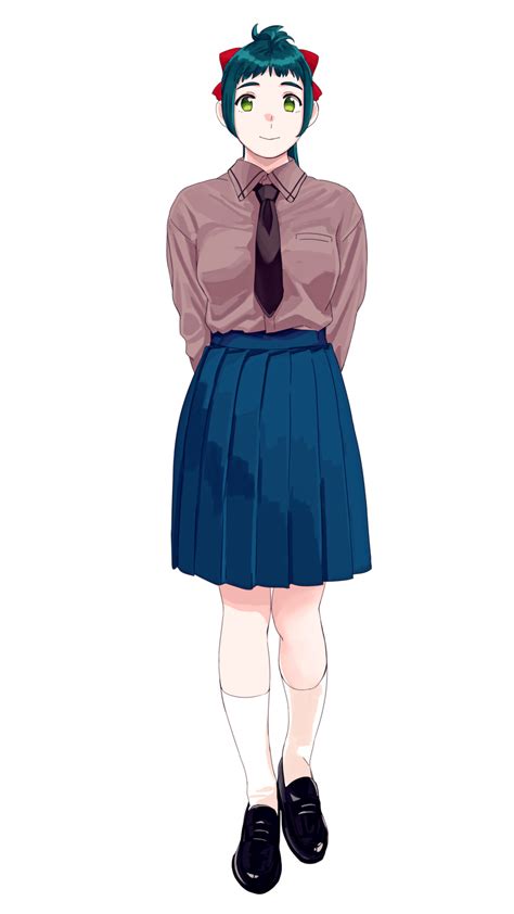 Safebooru 1girl Absurdres Arm Behind Back Black Footwear Blue Skirt Brown Shirt Green Eyes