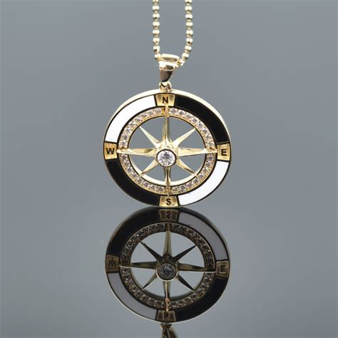 14k Solid Gold Compass Pendant Real Gold Necklace With Cubic Etsy