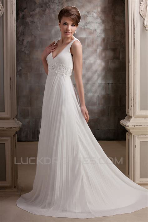 A Line V Neck Straps Sleeveless Sweep Train Beaded Wedding Dresses