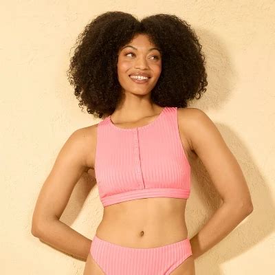 Women S Ribbed Snap Front High Neck Bikini Top Shade Shore Pink S