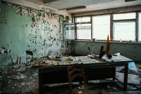 Creepy Abandoned Office Room Inside with Old Wooden Table and Windows ...