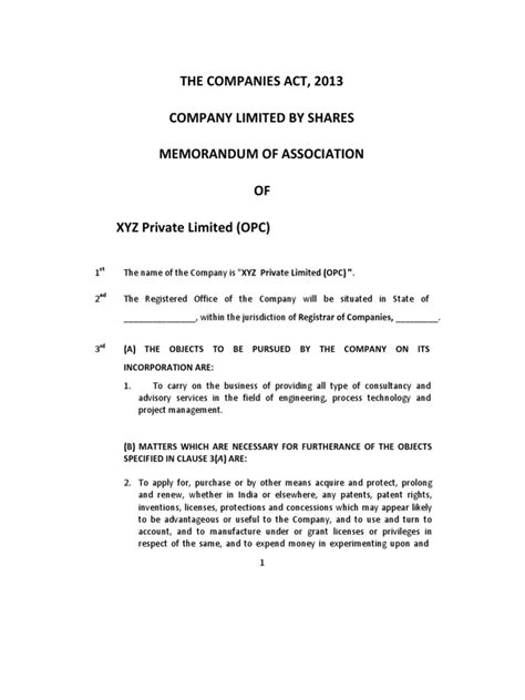 The Companies Act 2013 Company Limited By Shares Memorandum Of Association Of Xyz Private