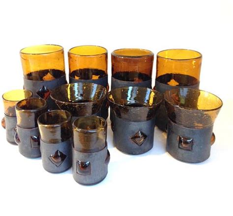 Mid Century Felipe Derflingher Brutalist Glasses Hand Blown Metal Cylinder Brutalist Kitsch I