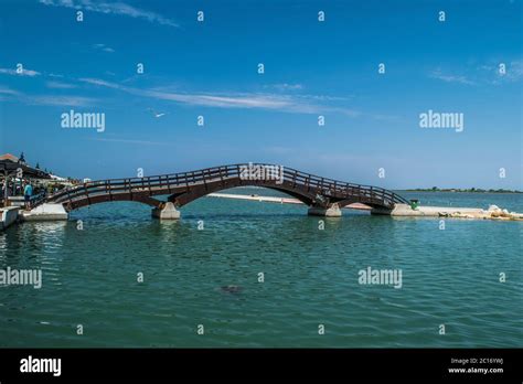 Arched Wooden Foot Bridge At The City Of Lefkada In Greece Stock Photo