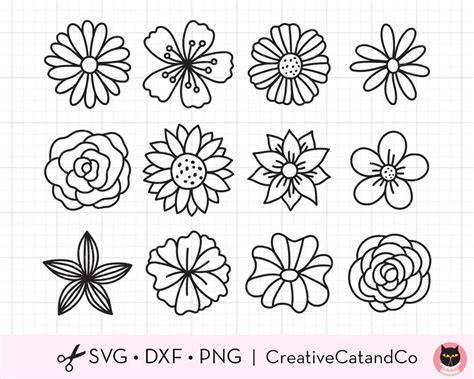 Single Flower Doodle Outline Bundle Svg Cut Files Creativecatandco