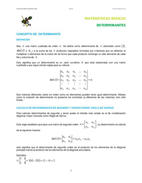 Calculo De Determinantes 1 MatemÁticas BÁsicas Determinantes Concepto De Determinante