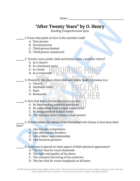 After Twenty Years By O Henry Quiz And Answer Key Made By Teachers