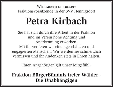 Traueranzeigen Von Petra Kirbach M Rkische Onlinezeitung Trauerportal