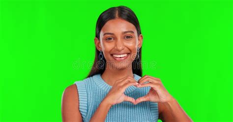 Green Screen Face And Happy Indian Woman With Heart Hands Of Love