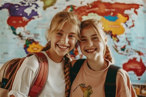 Two Girls Smiling And Posing In Front Of A World Map Premium Ai