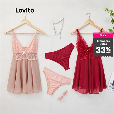 Lovito Sexy Lace High Waist Deep V Neck Nighties Sleepwear Lingerie Set