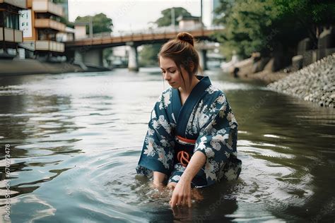 川に入る浴衣を着た女性 Stock イラスト Adobe Stock