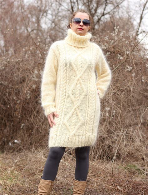 Mohair Sweater Turtleneck Hand Knit Cable Dresschunky Etsy Mohair