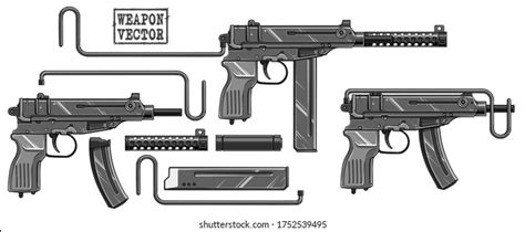 Graphic Black White Detailed Silhouette Submachine Stock Vector