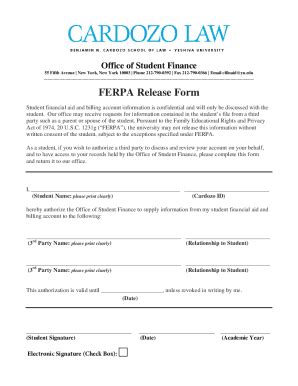 Fillable Online Cardozo Yu Ferpa Release Form Benjamin N Cardozo