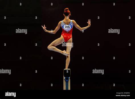 Back Female Gymnast Athlete Balancing On Balance Beam Gymnastics