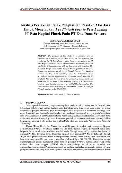 Pdf Analisis Perlakuan Pajak Penghasilan Pasal Atas Jasa Untuk