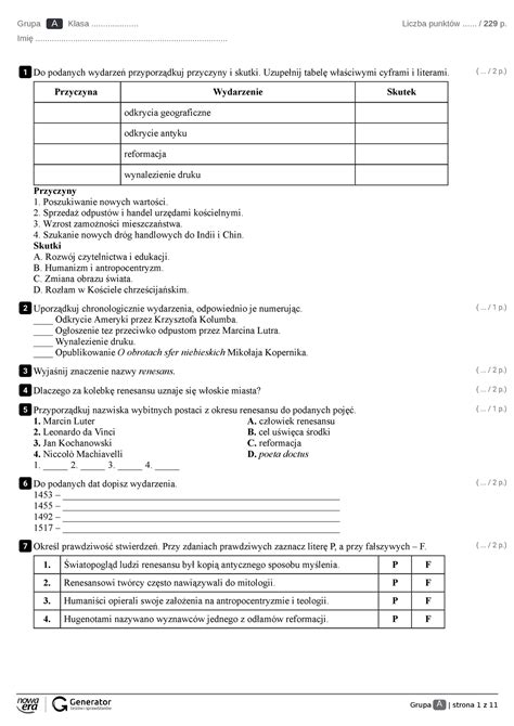 Renesans Test Z Widoczna Punktacja Grupa A Strona Z Grupa A