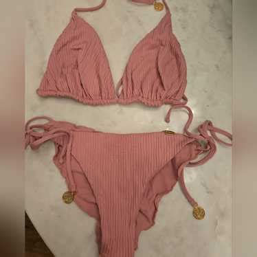 Luli Fama Pink And Gold Bikini Set With Ribbed Texture Gem