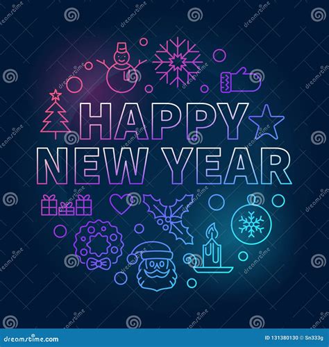 Happy New Year Round Colorful Vector Concept Linear Illustration Stock