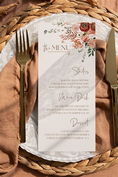 Fall Flowers Wedding Menu Template Printable Desert Wedding Menu Card