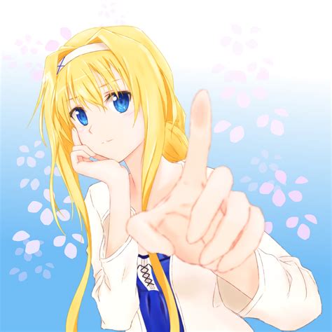 Safebooru 1girl Alice Schuberg Bangs Blonde Hair Blue Background Blue