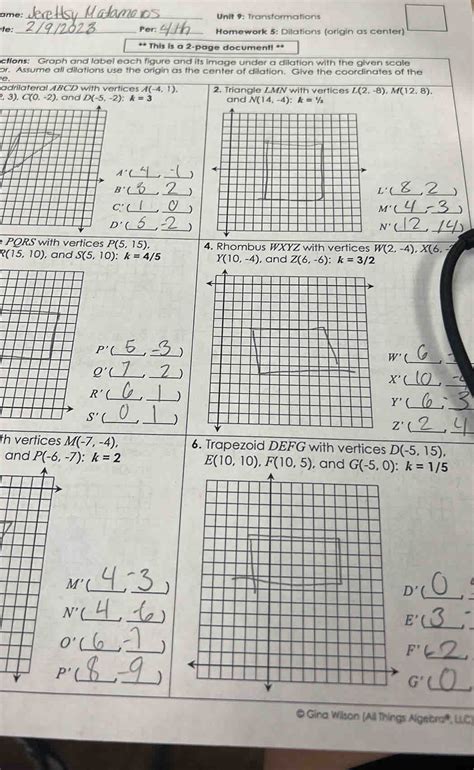 Ame Unit 9 Transformations Per Homework 5 Dilations Origin As