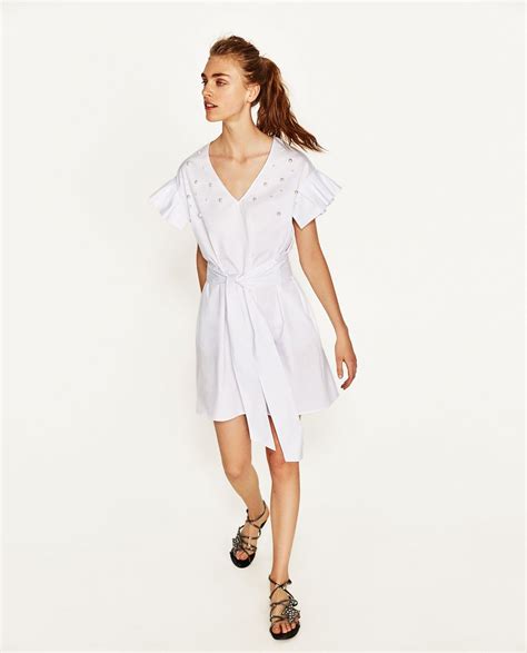 Ruffled Poplin Dress With Faux Pearls View All Dresses Woman Zara United Kingdom High