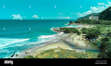 Panoramic aerial view of the beach Los Caracas, La Guaira, coastal road ...