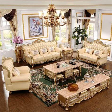 Foshan Sofa Furniture Factory Wholesale Wood Carved Classic Leather