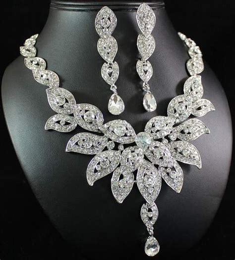 Large Floral Austrian Rhinestone Crystal Bib Necklace Earrings Set