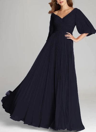 A Line V Neck Long Sleeves Chiffon Evening Dresses With Pleated Missacc