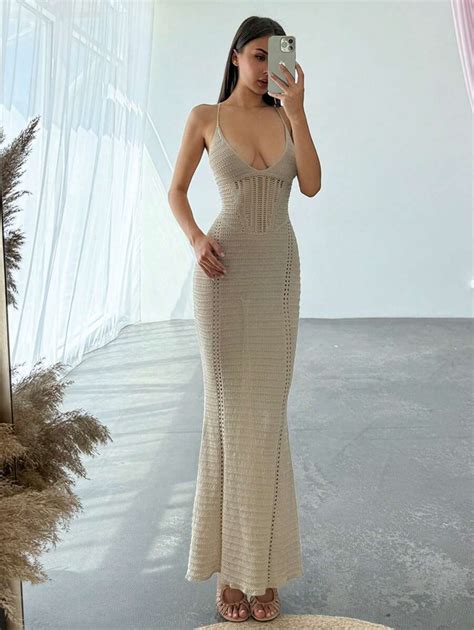 Aloruh Elegante Vestido De Ganchillo Ajustado Sin Espalda Con Tirantes