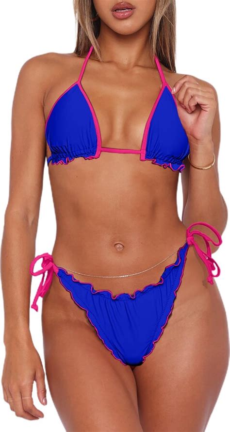 Hyperfire Women S Ruffle Halter String Triangle Bikini Set Color Block