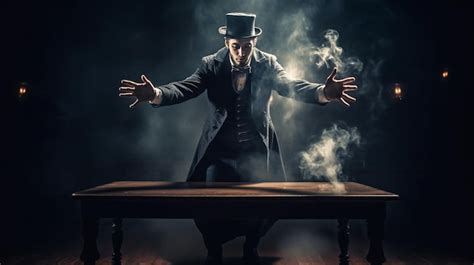 Premium AI Image Magician In Top Hat And Suit Sitting At Table In