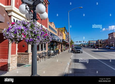 Flowers along Main Street in downtown Kalispell, Montana, USA Stock ...