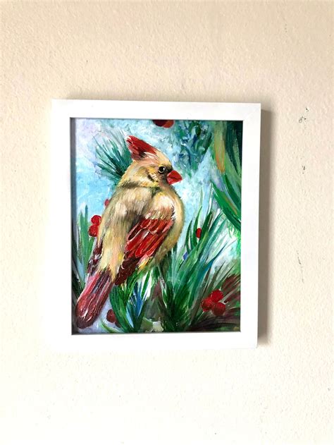 Berries Cardinal Bird Original Art Acrylic Painting 10x8 Etsy New Zealand