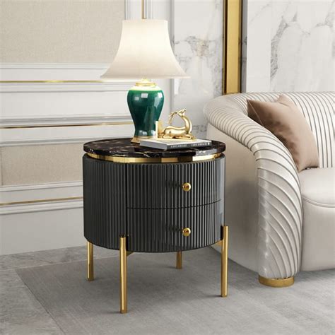 Yelly Modern Round End Table With Storage Black Faux Marble Side Table